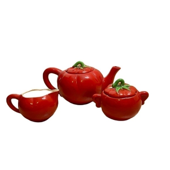 Vintage Tomato The Pantry Parade Tea Pot Creamer Sugar Bowl Set Kitschy MCM - Picture 1 of 14